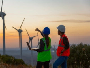 Two wind technicians (green vest/blue hard hat pointing with laptop; orange vest/white hard hat) overlook a field of large wind turbines at sunset.